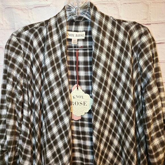 Knox Rose Plaid Flannel Shawl Cardigan - Fringe Hem, Tab Sleeves, Size XS, New - Picture 2 of 8